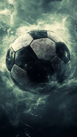 Soccer ball spins through smoky teal energy vortex.
