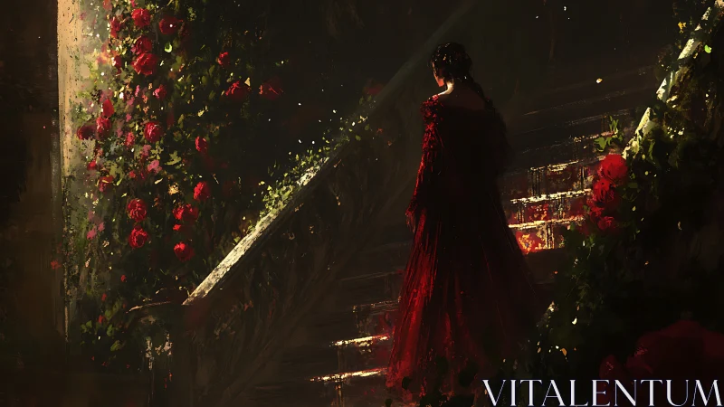 Woman in red gown stands on dim staircase beside roses