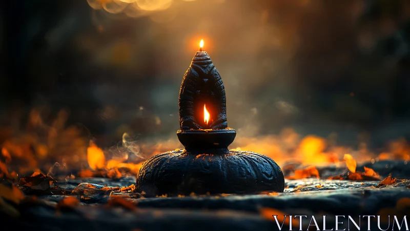 Oil lamp on stone base amid defocused autumn foliage.