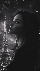 Monochrome female profile contrasts with Eiffel Tower lights