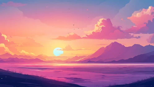 Vibrant digital sunset over tranquil lake and peaks.