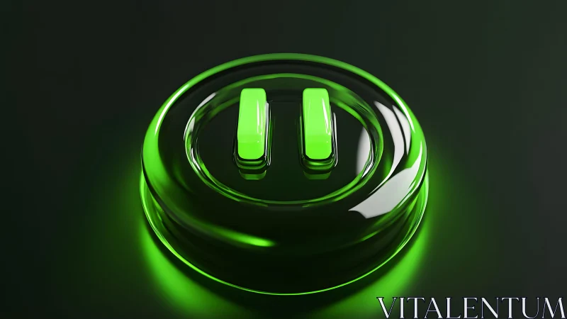 Glossy green pause button in modern 3D digital style.