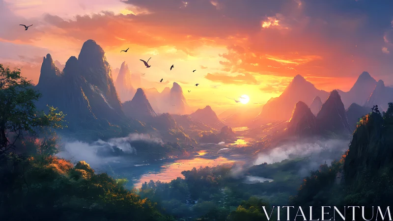 Radiant sunset over misty fantasy mountain valley panorama.