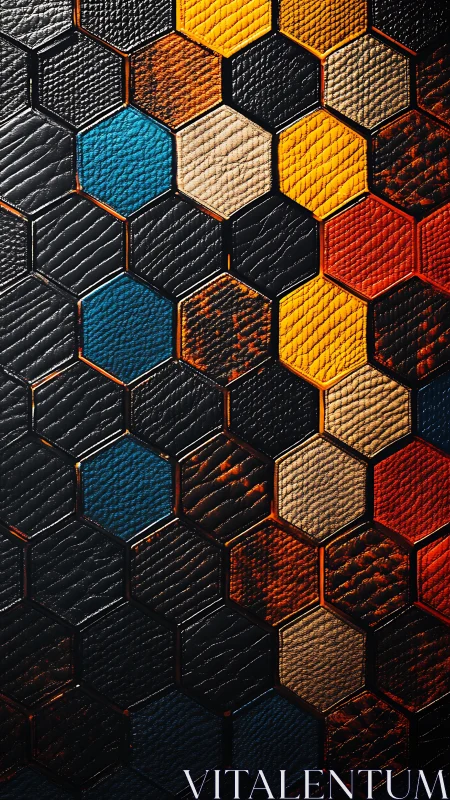 Hexagonal textured surface with multicolor leather tiles.