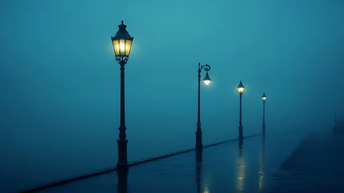 Fog-bound pier where lone lampposts script quiet light.