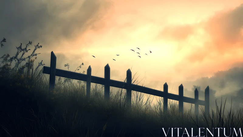 Leaning fence cuts through misty dawn field in silence.