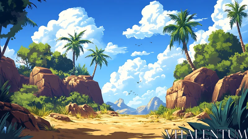 Rendered Desert Landscape: Arid Valley with Palms, Rocky Outcrops