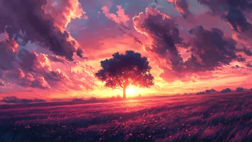 Solitary tree centered in wide sunset field digital art