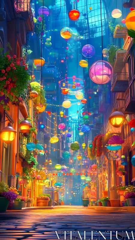 Lantern lit alleyway glowing with cozy, colorful evening magic.