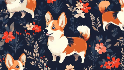 Corgi pattern with floral navy background, bold autumn palette.