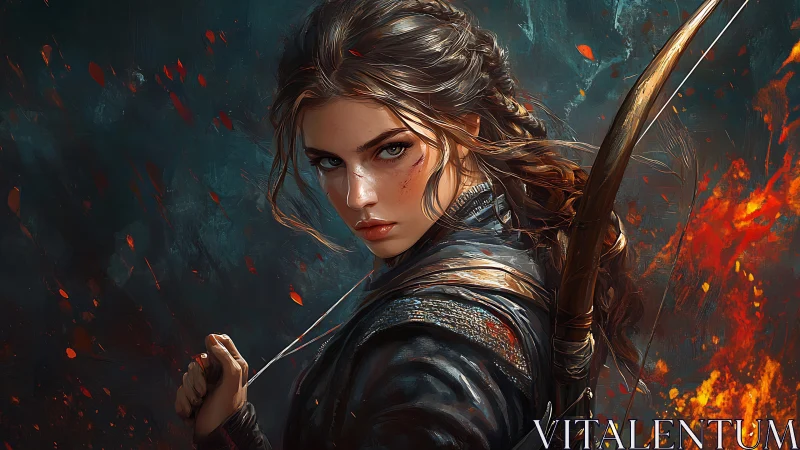 Warrior archer woman amid fire and embers, intense gaze.