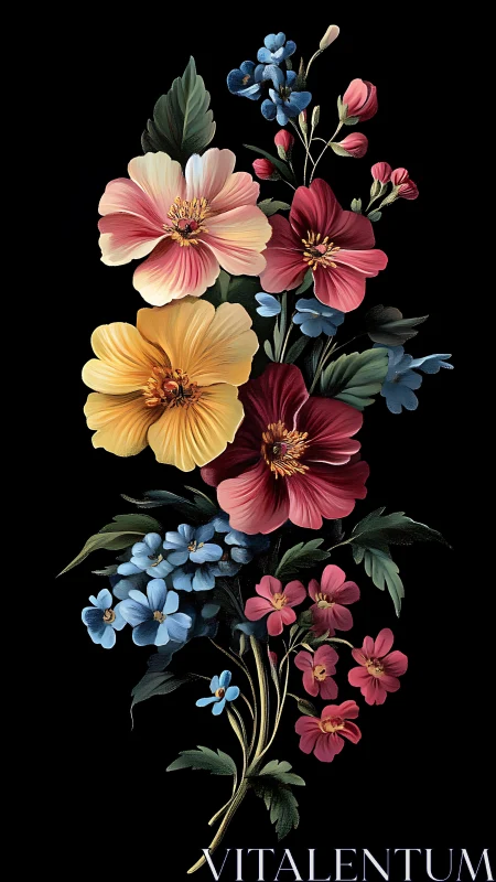 Botanical Floral Arrangement with Mixed Blooms on Black