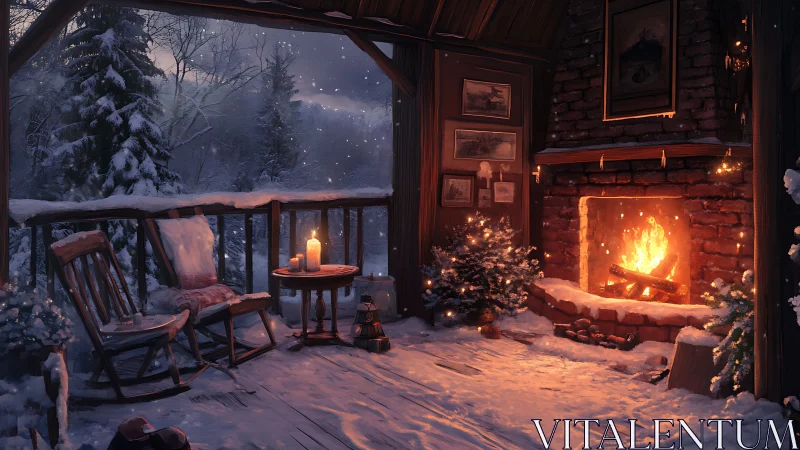 Cozy winter cabin porch glowing with firelit warmth and calm.