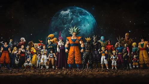 Dragon Ball warriors assemble beneath a glowing blue planet.