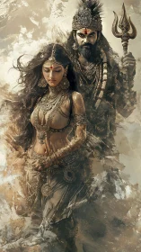 Mythic warrior couple emerges through swirling sacred dust