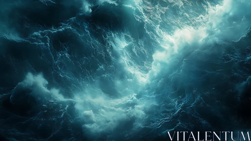 Violent teal ocean waves crash in swirling storm seas.