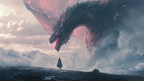 Epic digital painting of lone figure confronting colossal dragon.