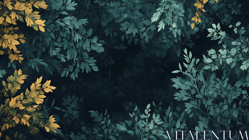 Golden and teal botanical foliage framing deep shadow space.