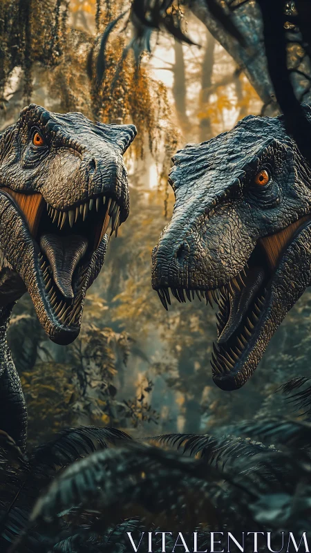 Predatory dinosaurs stalking dense prehistoric jungle scene.
