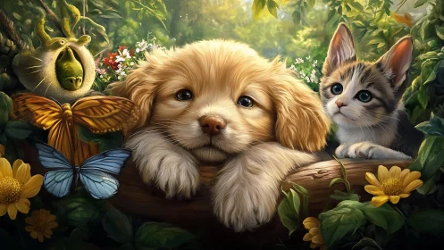 Digital rendering depicts domesticated canine and feline animals positioned in vegetation setting.
