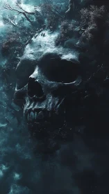 Colossal skull-shaped cliff rises through eerie storm clouds.