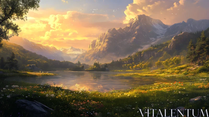 Golden hour mountain lake glows beneath dramatic summer sky