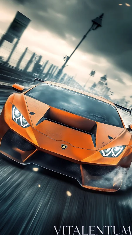 Storm-chasing orange supercar slashes through rain-slick streets.