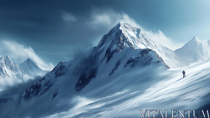 Solitary mountaineer ascending glaciated ridge under cirrus sky