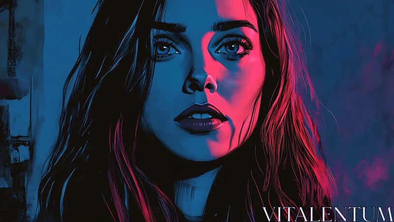 Portrait of a woman in dual-tone blue and magenta lighting.