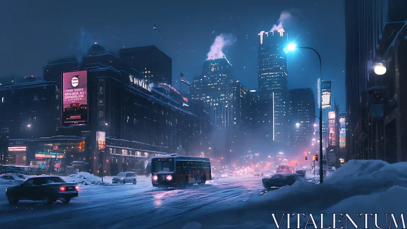 Snowy night city street shows bus crossing glowing skyline