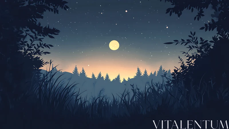 Moonlit Forest Night Sky with Silhouetted Trees