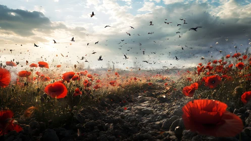 Red poppy field under stormy sky filled with flying birds.