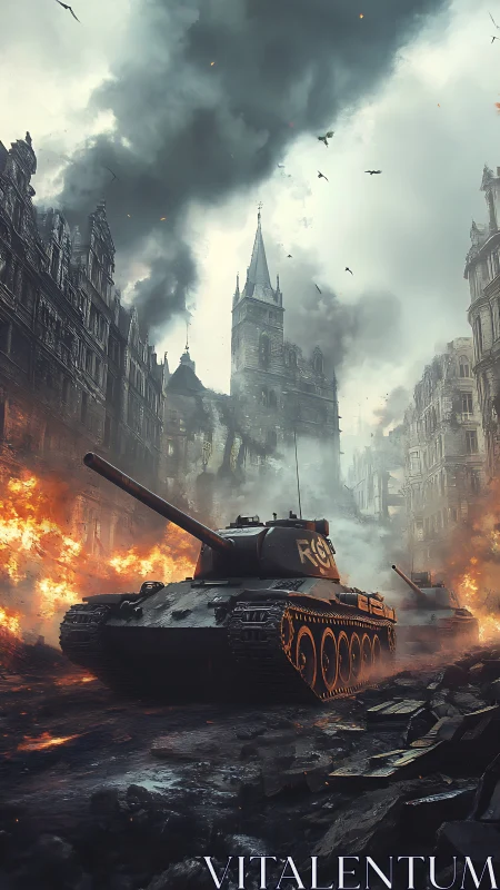 Armored tank advances through burning gothic war ruins.