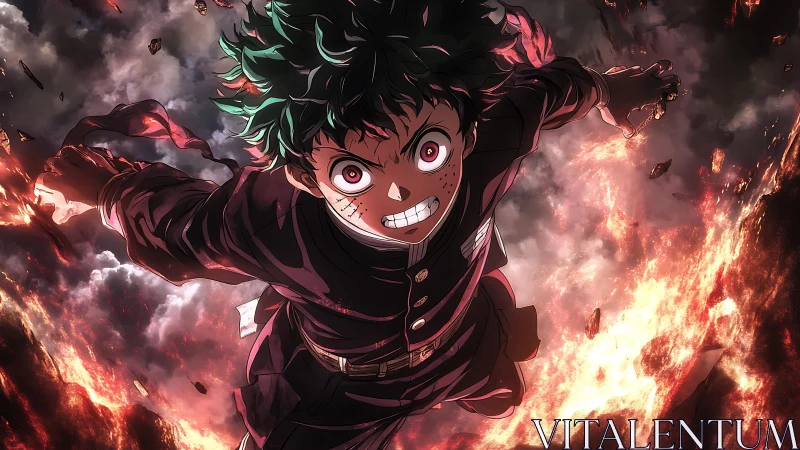 Green-haired anime boy above fiery battlefield environment.