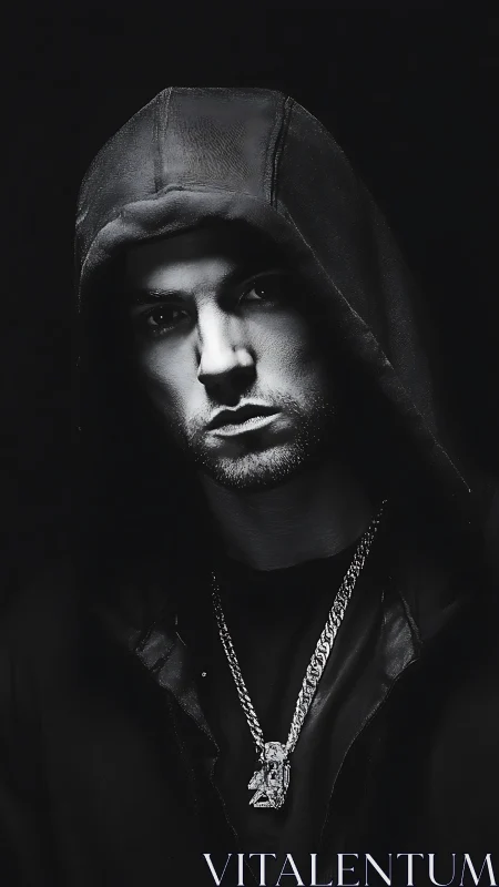 Hooded male portrait is rendered in high contrast monochrome