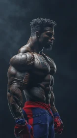 Muscular male athlete in dramatic side profile lighting.
