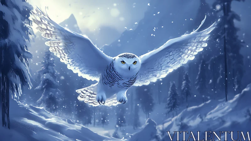 Majestic snowy owl in flight over winter forest, digital art.