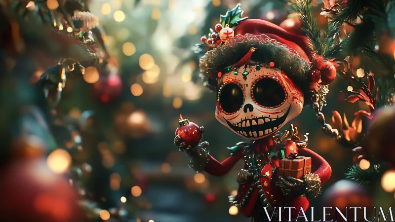 Festive skeleton character in detailed Christmas setting.
