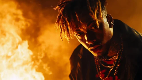 Low key portrait of man with firelight and warm rim lighting