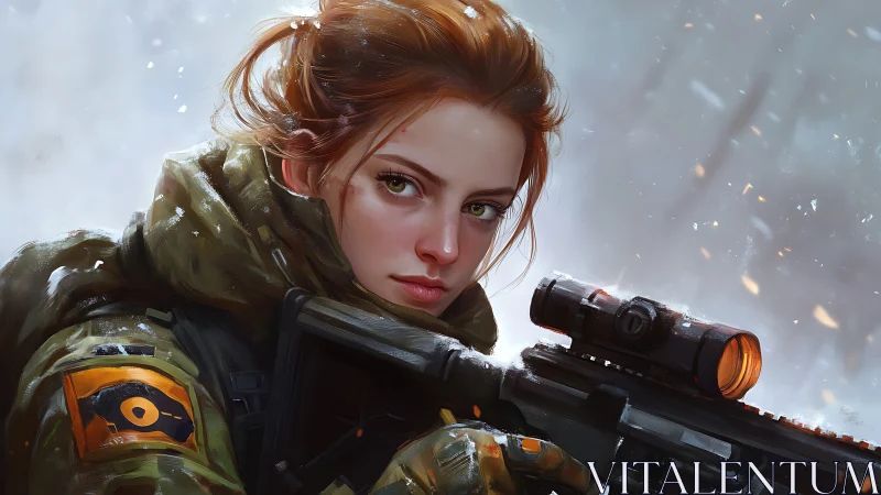 Red-haired operative in tactical gear with scoped rifle against snow.