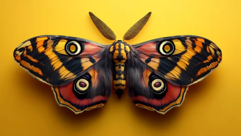 Colorful moth displayed in sharp focus on yellow background