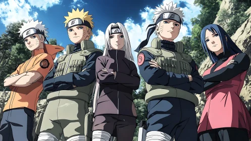 Anime ninja squad lineup under forest cliffs, heroic pose.