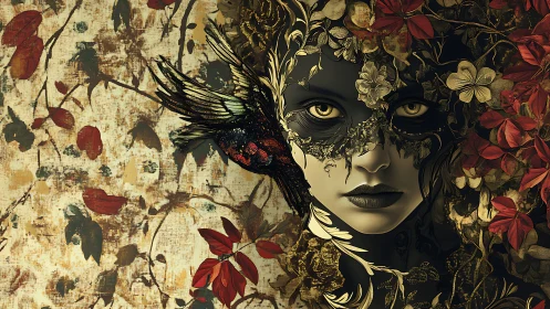 Digital painting portrait with baroque botanical mask detail.