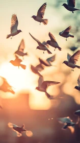 Kinetic avian silhouettes in shallow-depth sunset bokeh field.