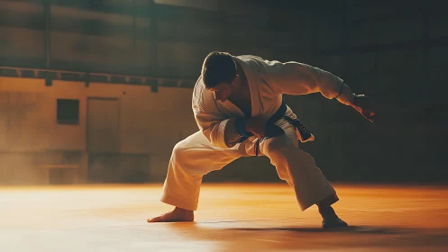Martial artist holds focused low stance on sunlit dojo floor.