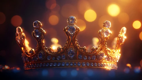 Jeweled gold crown glows under warm cinematic bokeh light.