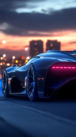 Futuristic electric supercar glows along neon city street.