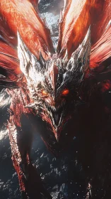 Ember-winged abyssal dragon poised in molten twilight.