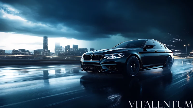 Sport sedan powers through neon city rain at night.