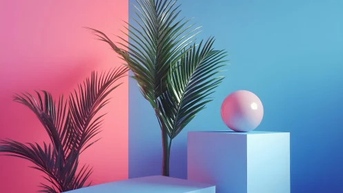 Modern tropical palm leaves with pastel geometric shapes, minimalistic style.